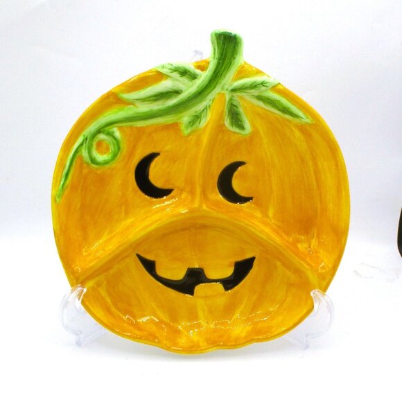 Ceramic Pumpkin 3-Section Serving Dish 11" Lillian Vernon Fall Halloween Table D - Picture 1 of 4